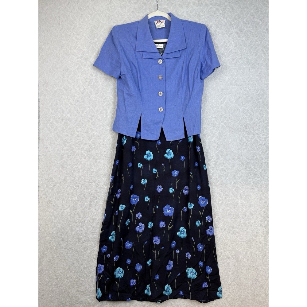 Vtg R&K 2-Piece Maxi Dress Set 8 Petite Blue Floral Linen Cottage Grandma 90s